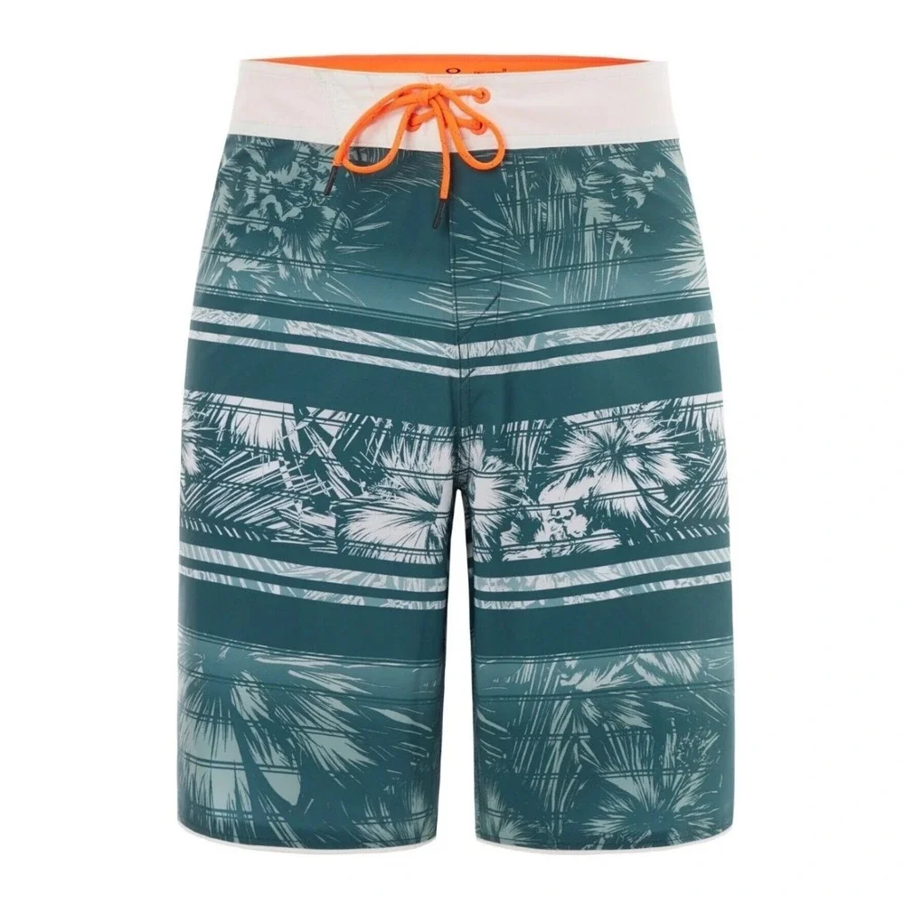 Oakley Mens Board Shorts Teal Green Tropical Palm Stripe Swim Trunks sz 36 Beach